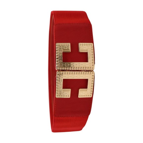 Women Red Elastic Hip High Waist Fashion Belt Big Gold Metal C Buckle Size S M - Picture 8 of 17